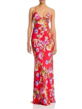 Aqua Red Floral Slip Maxi Dress with Spaghetti Straps